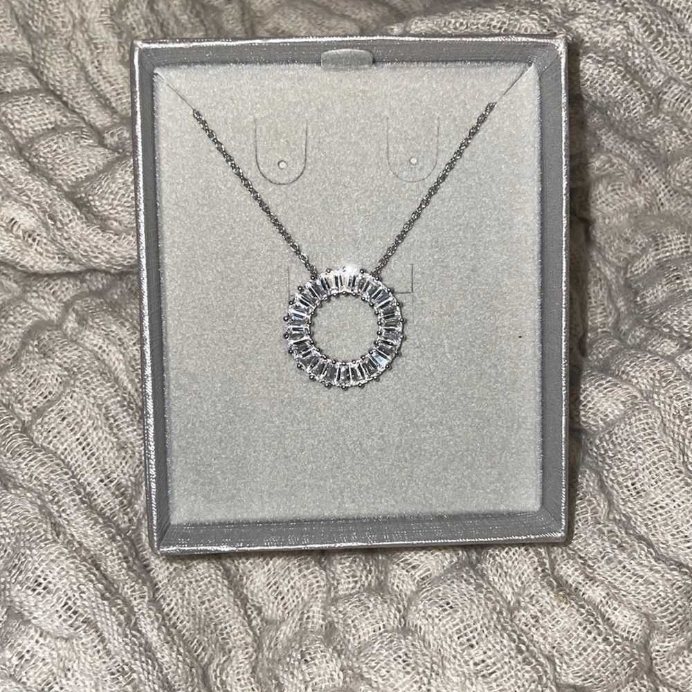 Zales Baguette White Lab-Created Sapphire necklace in sterling silver